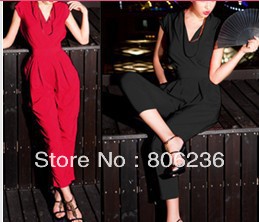 Women's fashion loose double pocket jumpsuit /Black White Romper  A1644