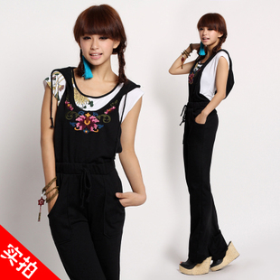 Women's fashion national trend autumn with a hood one piece embroidered casual trousers