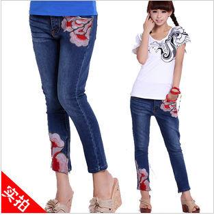 Women's fashion new arrival autumn embroidered slim jeans RIP