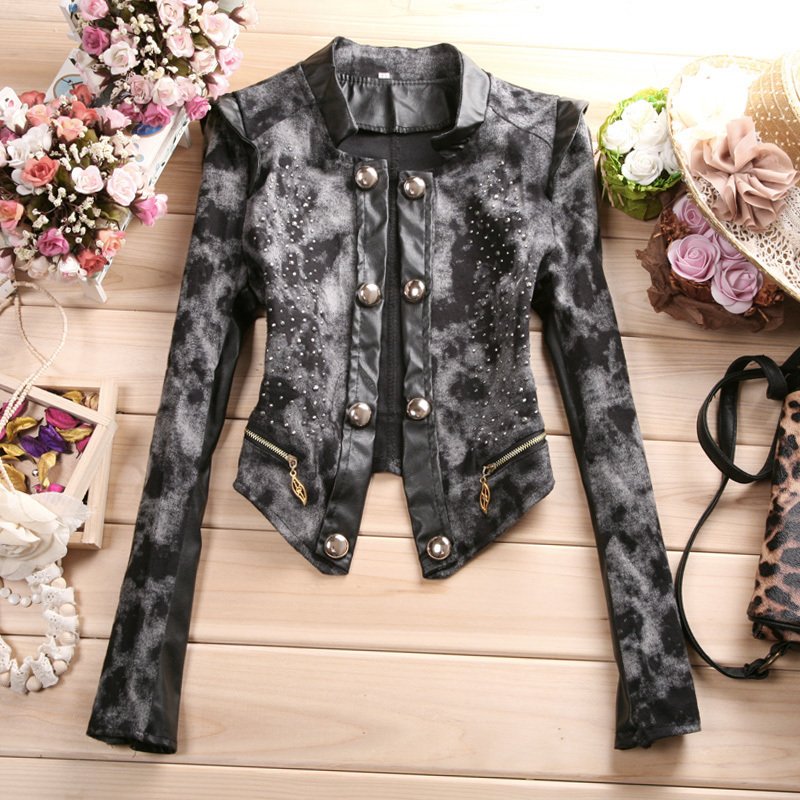 women's fashion patchwork leather long-sleeve short design outerwear denim coat top