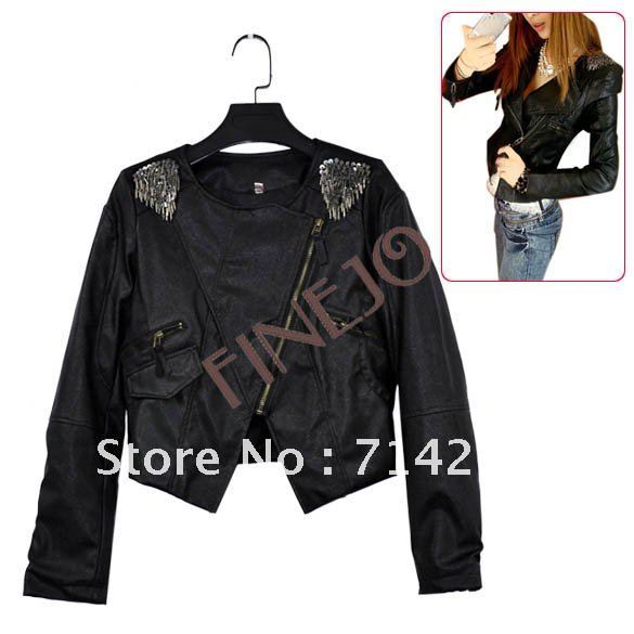 Women's Fashion PU Leather Long Sleeve Slim Jacket Coat Outerwear Black Free shipping 6313