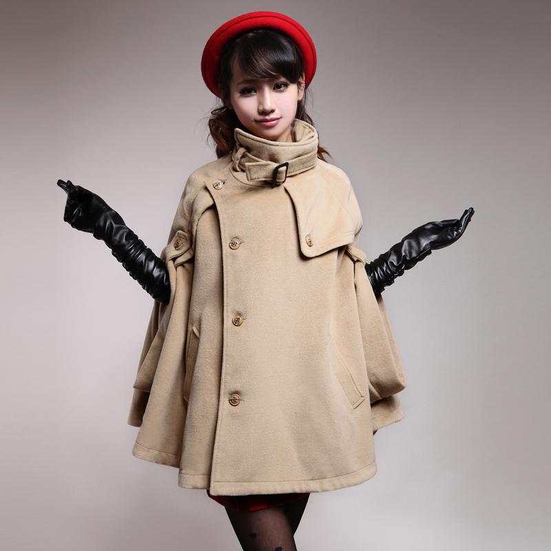 Women's fashion quality turtleneck cape bat style wool woolen overcoat cloak trench outerwear