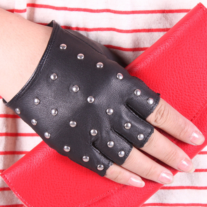 Women's fashion rivet mantianxing semi-finger gloves sheepskin gloves genuine leather gloves