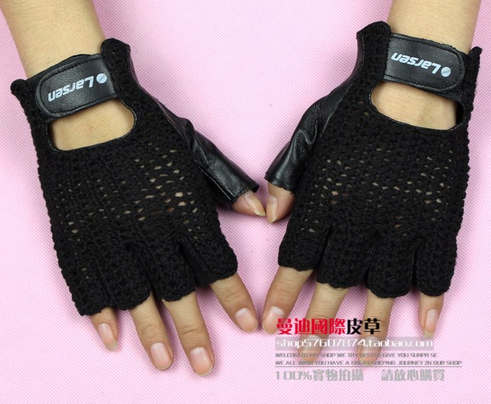 Women's fashion semi-finger genuine leather sheepskin gloves genuine leather knitted mix match female