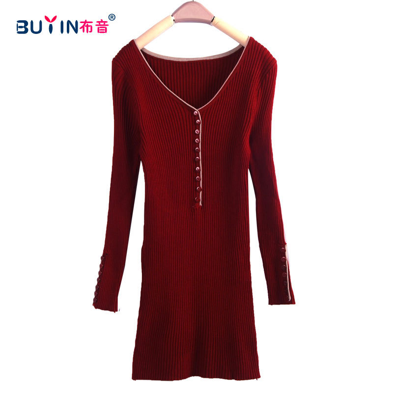 Women's fashion small button slim thermal medium-long basic knitted sweater