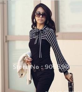 Women's fashion Striped bowknot shirt long sleeve ,Women's T-shirt Tops & Blouses free shipping