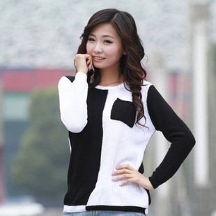 Women's fashion sweet long-sleeve pullover sweater color block loose basic shirt sweater outerwear (WC005)