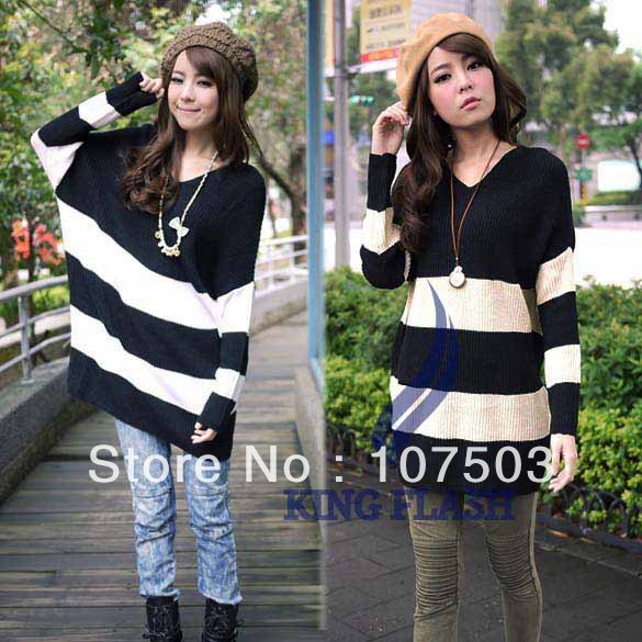 Women's Fashion wool V-Neck stripe Batwing sleeve Loose sweaters 2 Colors free shipping 7703