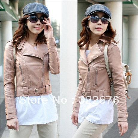 Women's Fashionable Punk Style Winter Stand Lapel Collar Zip Moveable Belt Windproof Leather Suede Jacket Coat Pink HY11100104