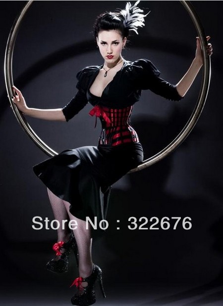 Women's Fashionable Sexy Classic Grid Strap Back Corset Plus Underwear Suit Red JY13030122