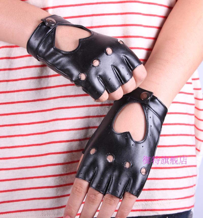 Women's faux leather gloves heart racerback semi-finger gloves PU gloves