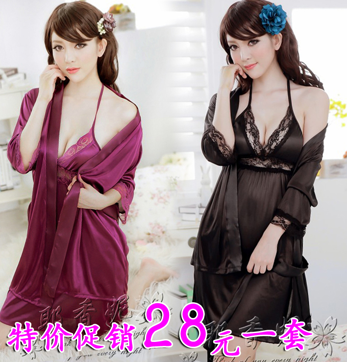 Women's faux silk temptation cardigan robe bathrobes nightgown twinset sexy translucent sleepwear