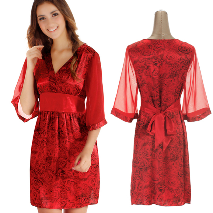 women's female Silk satin short-sleeve sexy temptation nightgown sleepwear solid red plus size 2X large size lounge bed gown 070