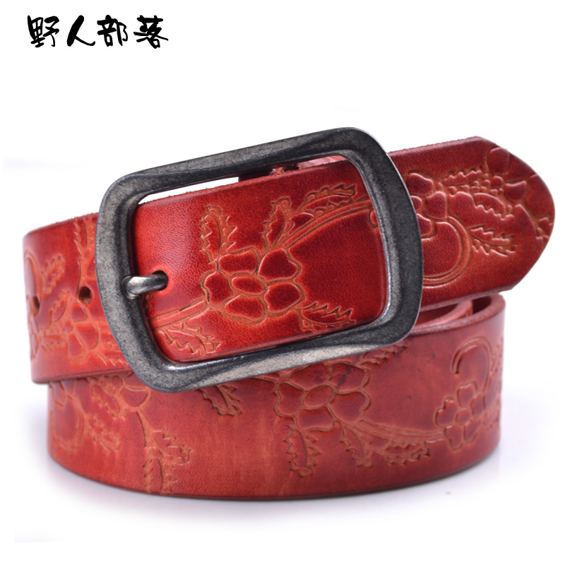 Women's first layer of cowhide vintage print ultra wide genuine leather flower casual all-match jeans belt 7145