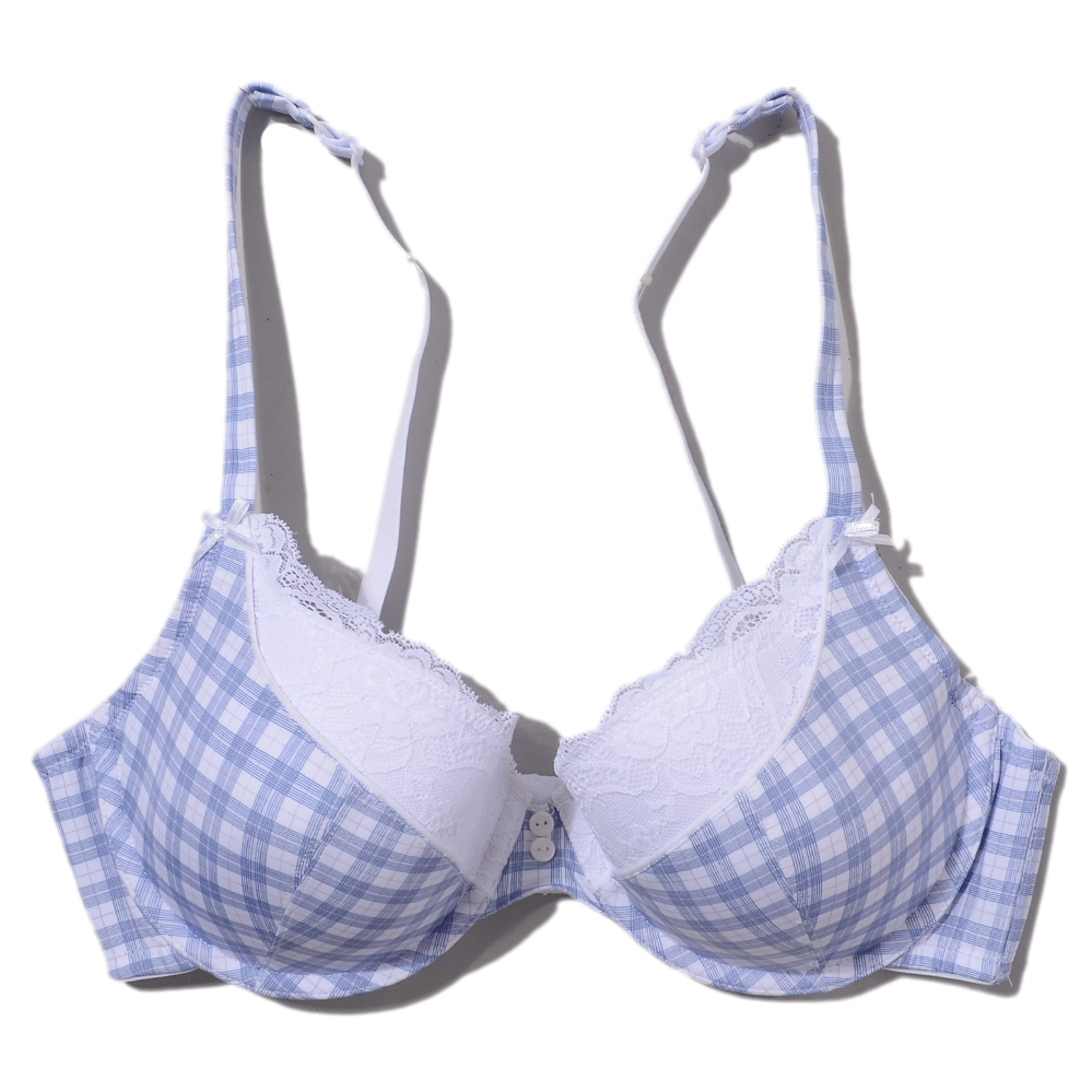 Women's fresh small plaid bra Sky Blue sweet underwear thin shaping bra 75d90c