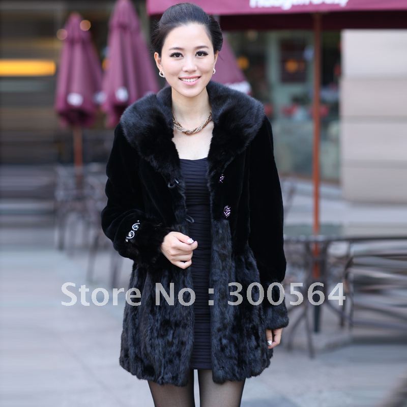 Women's_fur_coat New style fur coat 2012 medium-long rex rabbit goatswool fight mink fur overcoat