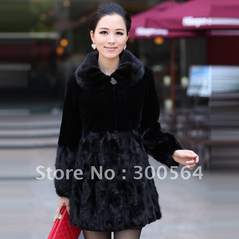 Women's_fur_coat New style fur fight mink leather coat medium-long rex rabbit plush fur overcoat Women