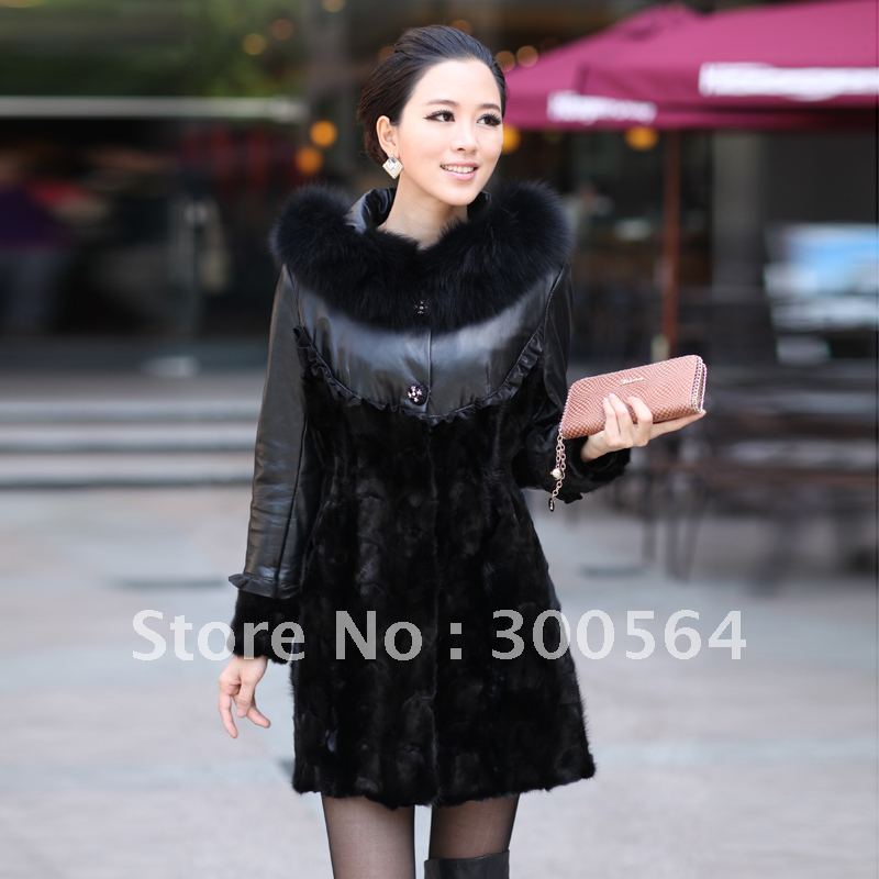 Women's_fur_coat New style genuine leather clothing Women fur coat medium-long hooded mink leather coat