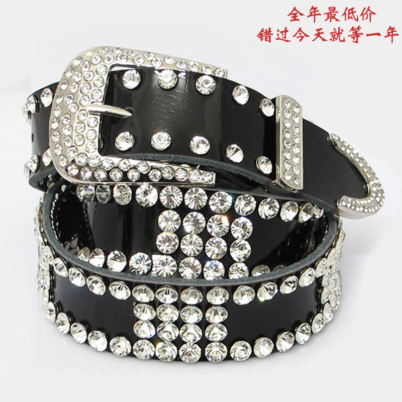 Women's genuine leather rhinestone pin buckle strap Women glossy cowhide diamond belt female strap