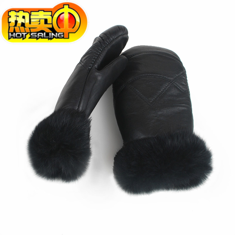 Women's genuine leather sheepskin gloves fur mitten fingerless winter thickening thermal black