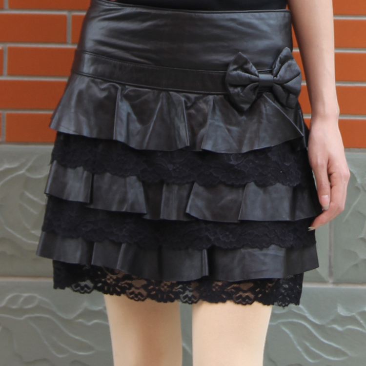 Women's genuine leather skirt sheepskin short skirt bust skirt lace decoration genuine leather short skirt