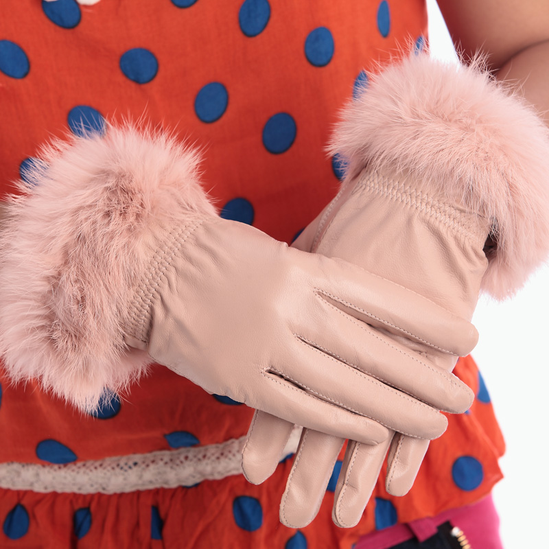 Women's genuine leather thickening gloves sheepskin rabbit fur gloves season thermal gloves repair paragraph