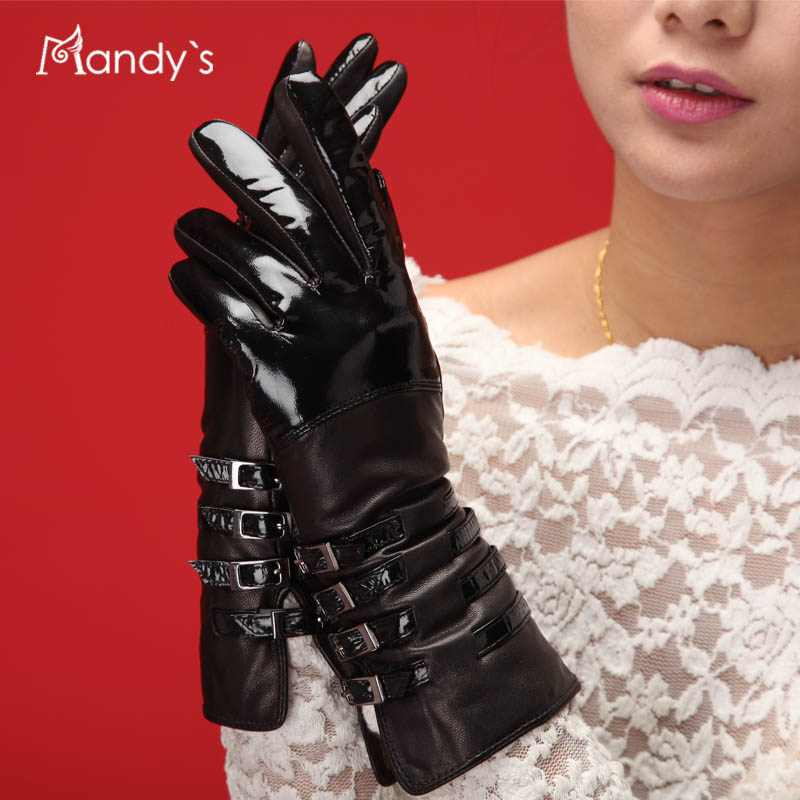 Women's gloves fashion japanned leather steel medium-long sheepskin gloves winter thermal