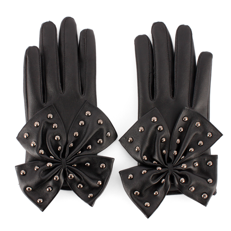 Women's gloves leather buttons big bow Women gloves fashion short design