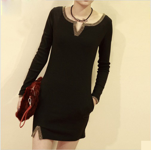 women's gold trim splicing split MINI dress, V-neck, long sleeve, winter, for night club, drop shipping, W458