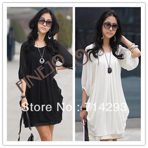 Women's Graceful Pure Color Chiffon Bracelet Sleeve Mini Dress free shipping 3167