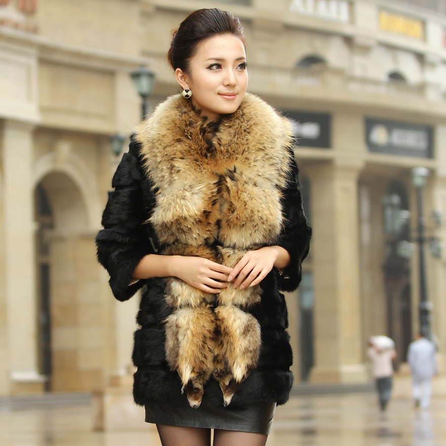 Women's high quality rabbit fur ultralarge raccoon fur three quarter sleeve fur coat