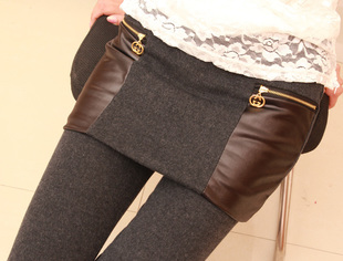 Women's high quality zipper leather patchwork faux two piece basic skirt pants thickening slim hip slim legging