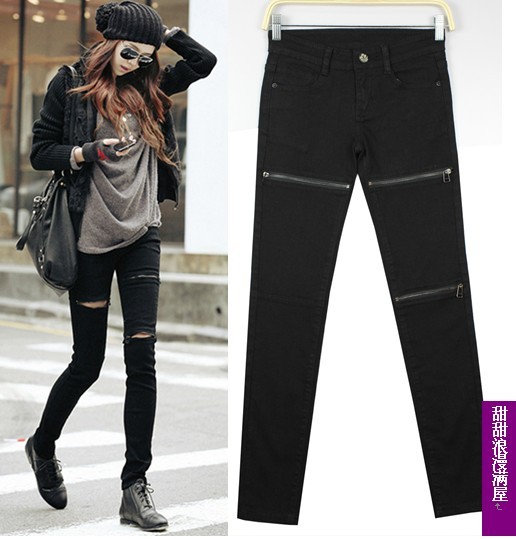 Women's hole zipper black elastic denim skinny pants pencil pants denim trousers a9475