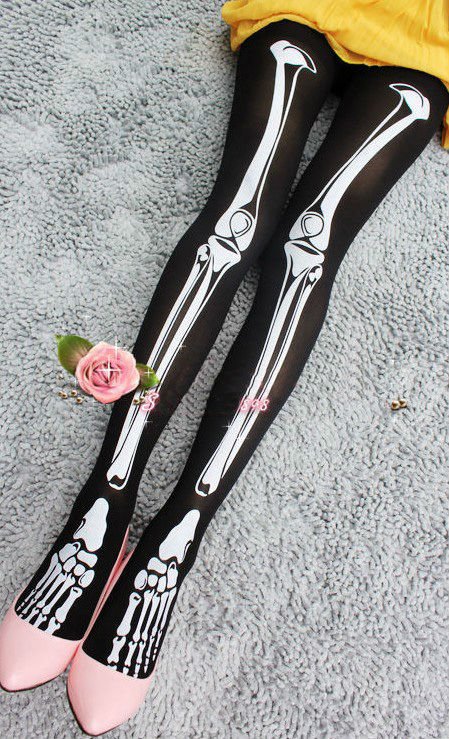 Women's individuality Halloween Skeleton Bone Tights Pantyhose socks Black silk,Free ship to USA by ePacket