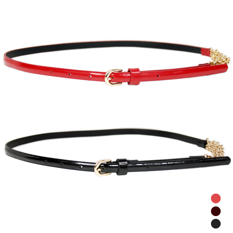 Women's japanned leather cow leather strap candy color fashion metal chain decoration genuine leather tieclasps belt