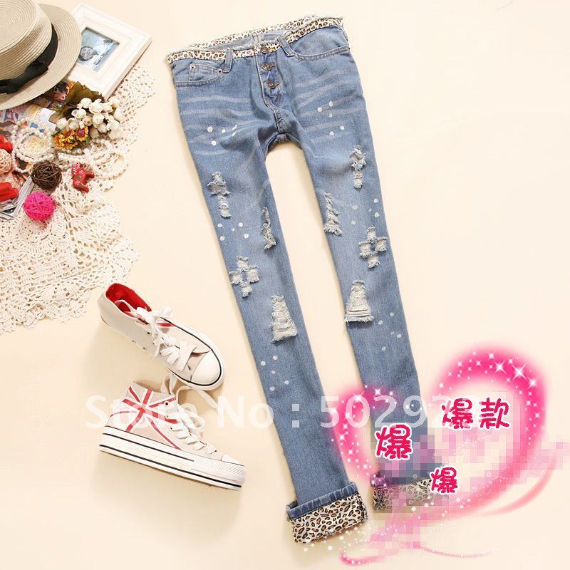 Women's jeans Pencil pants low waist Women washed white hole hemming jeans feet pants Fashion jeans ,Free shipping