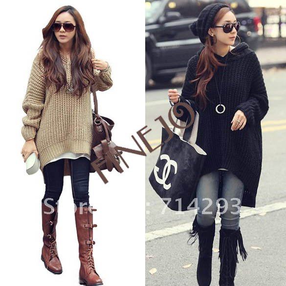 Women's Knitwear Knitting Loose Long Irregular Hem Hooded Sweater Coat Outerwear free shipping 7736