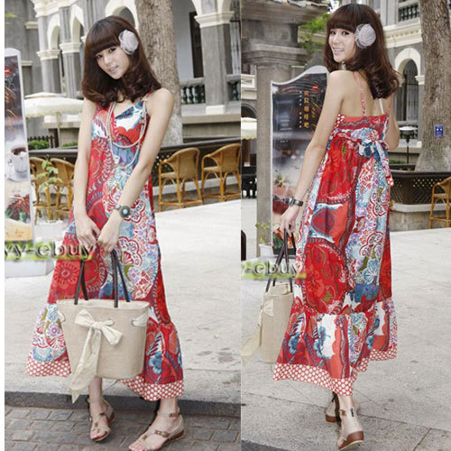 Women's Korea Summer Bohemian Dress Sleeveless Large Sweep Dots Hem Nations Style Dress Long Beach Dress QG14-1