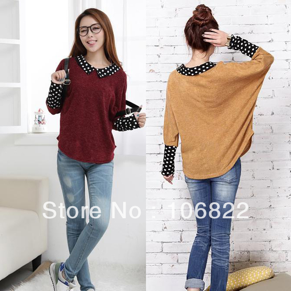 Women's Korean Dots Collar Cuffs Knits Shirt Sweater Outerwear Casual Bouse Tops HR407