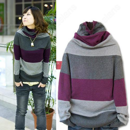 Women's Korean Fashion Striped Stand-up Collar Long Sleeve Loose Sweater Free Shipping 31370