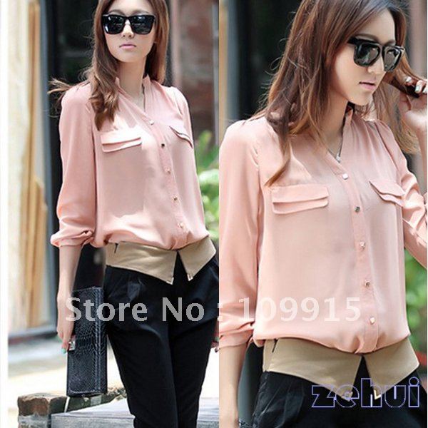 Women's Korean Lady OL Long Sleeve Slim Chiffon Career Shirt Button Blouse Tops (HR358)