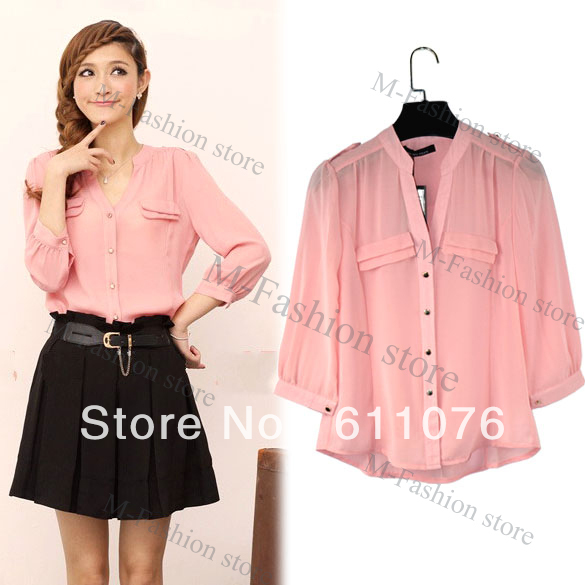 Women's Korean Lady V-Neck 3/4 Sleeve Slim Chiffon Blouse Shirt Button Tops M/L Pink Free shipping 7475