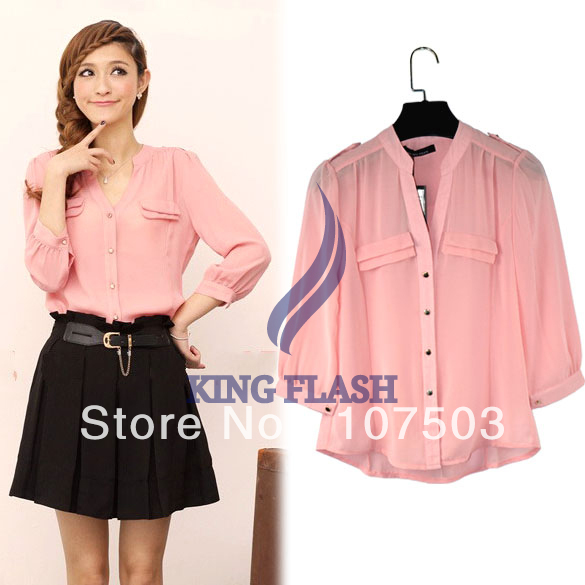 Women's Korean Lady V-Neck 3/4 Sleeve Slim Chiffon Blouse Shirt Button Tops M/L Pink Free shipping 7475