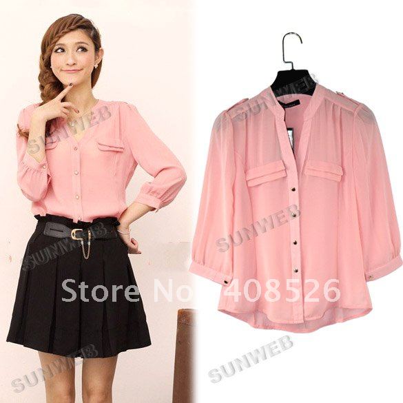 Women's Korean Lady V-Neck 3/4 Sleeve Slim Chiffon Blouse Shirt Button Tops M/L Pink  Free shipping 7475