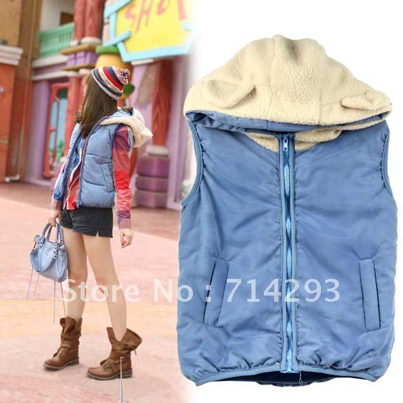 Women's Korean Lovely Panda Hat 2012 fashion thick add flocking clip cotton pure color cotton vest Coat Hooded 6497