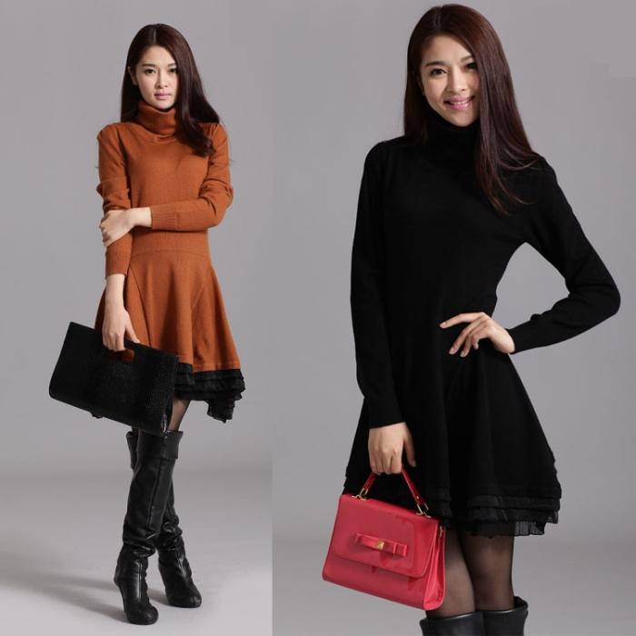 Women's Lace Knitted Cashmere Turtleneck Long Sweater Dress Wool One-piece Pullover Dress Free Shipping