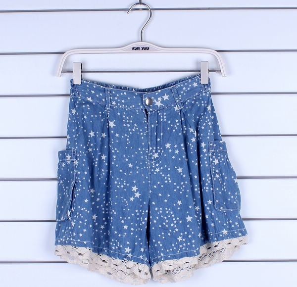 Women's lace print loose denim shorts