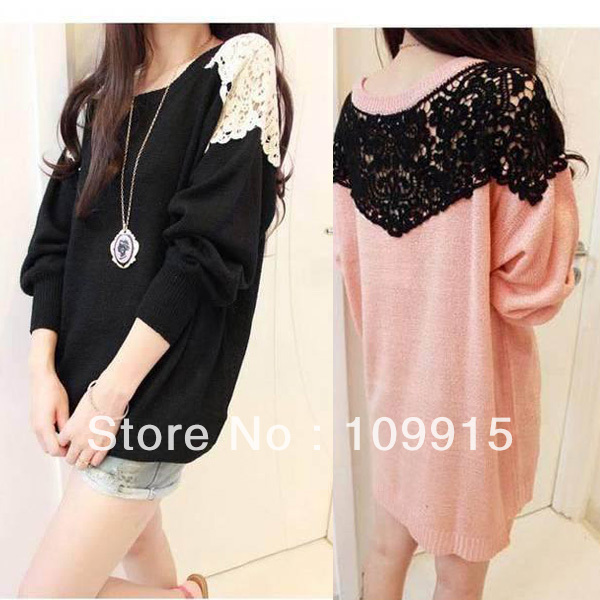 Women's Lace Shoulder Loose Sweater Knit Shirt Crewnecks Pullovers Blouse Tops HR460