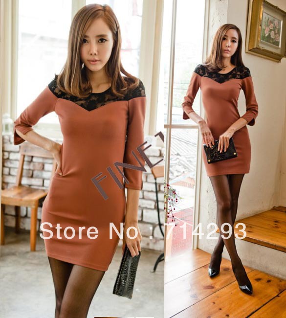 Women's Lace Splicing Three Quarter Sleeves Cotton Mini Dress free shipping 10025