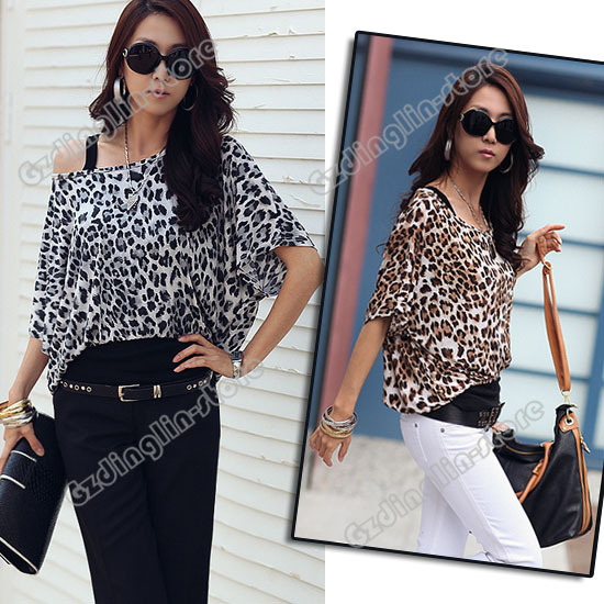 Women's Ladies Fashion Clothing Batwing Sleeve Crew Neck Leopard Casual All-Match Shirt Tops Blouses  M Size Free Shipping 0352